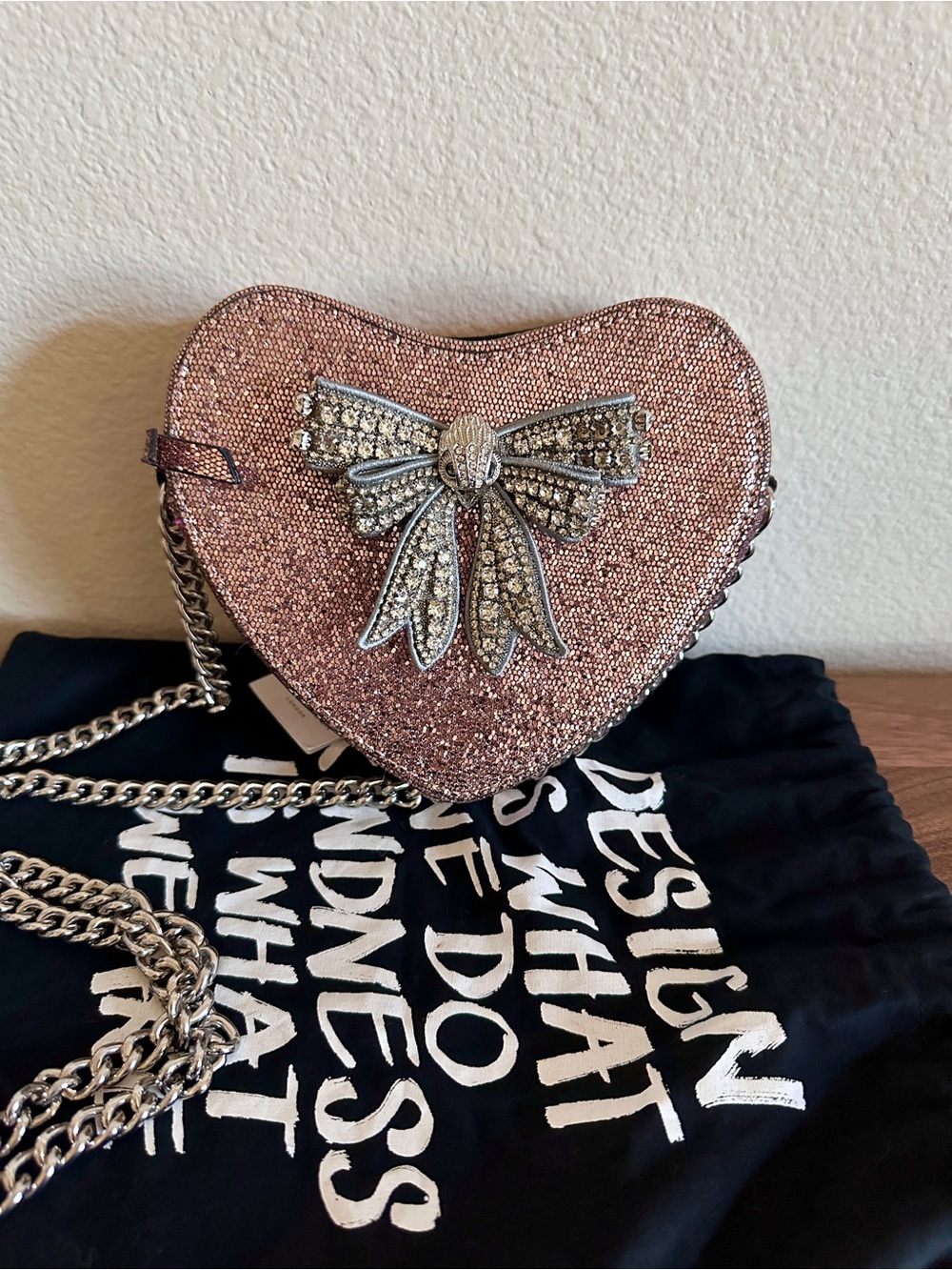 Kurt Geiger London Pink Glitter Heart Crossbody Bag Crystal Bow Chain
